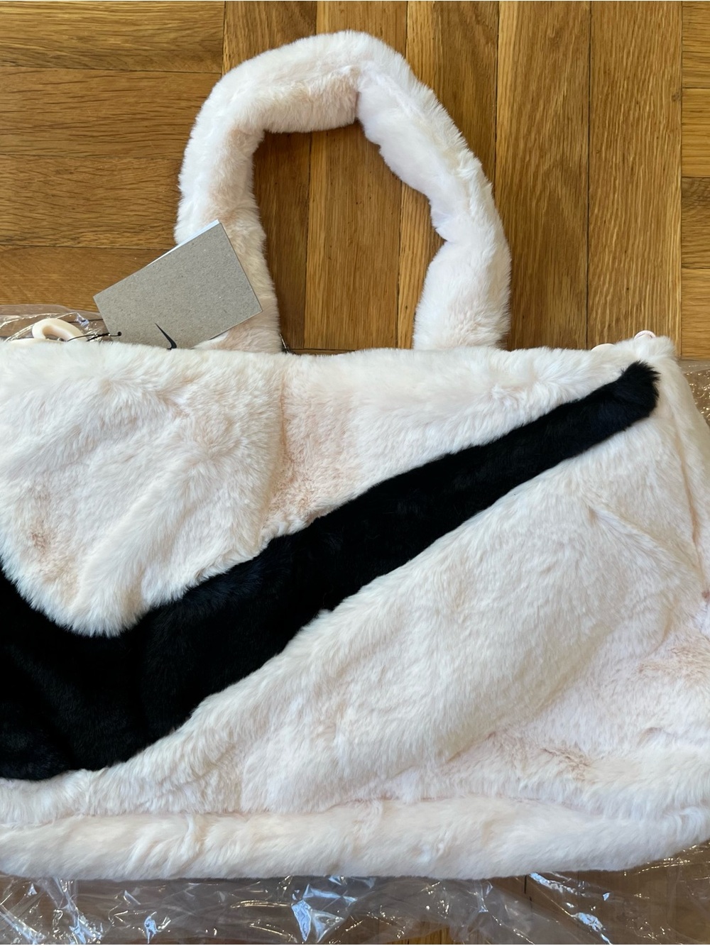 Nike Plush Faux Fur Tote in Pale Pink with Black Swoosh